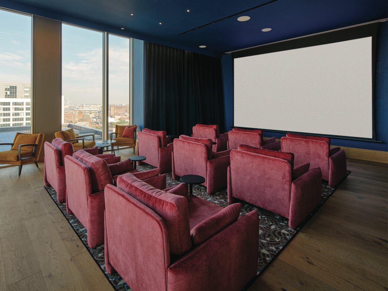 Residents' cinema with rows of velvet armchairs facing a wide screen