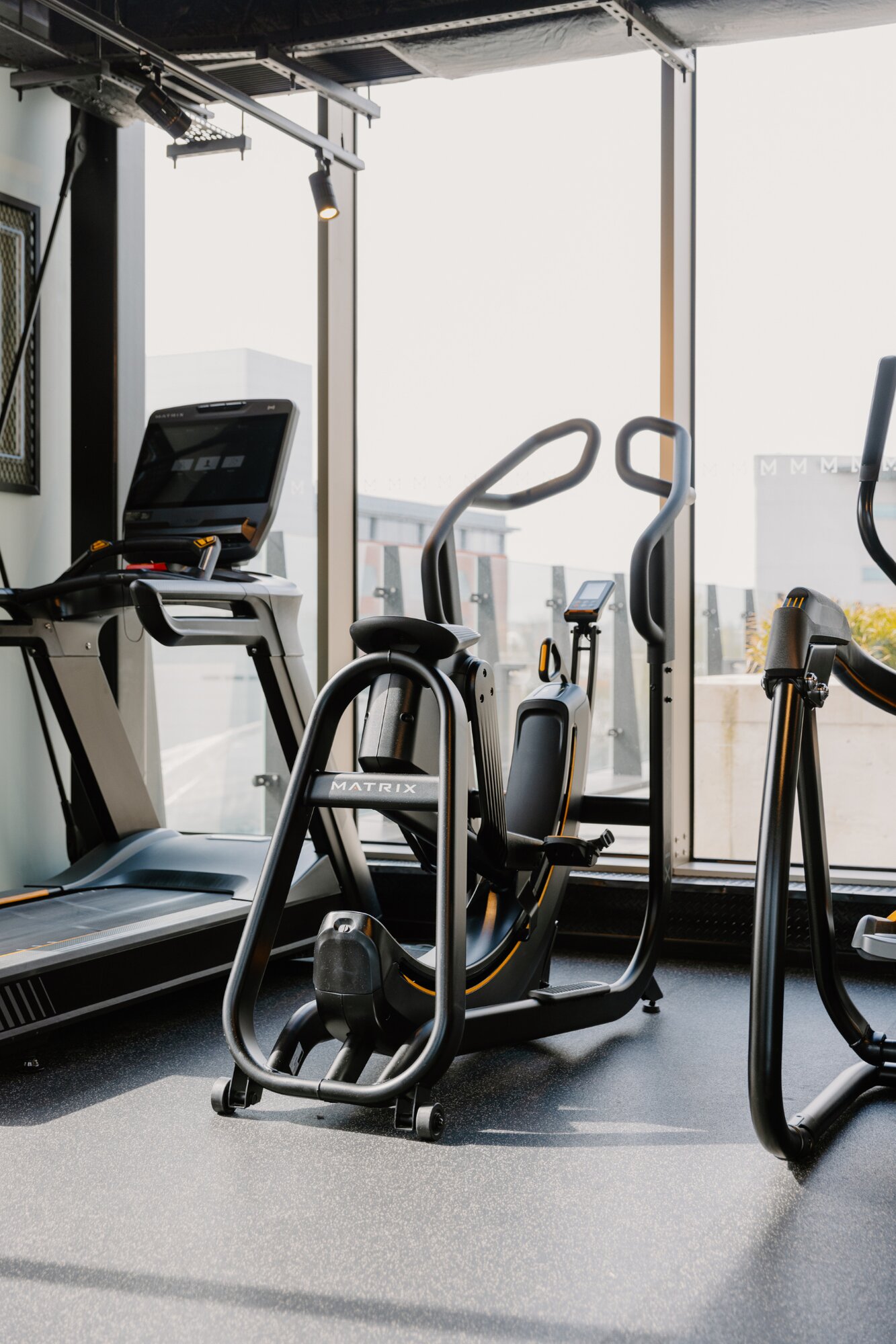 Residents' gym with Matrix machines facing floor-to-ceiling glass