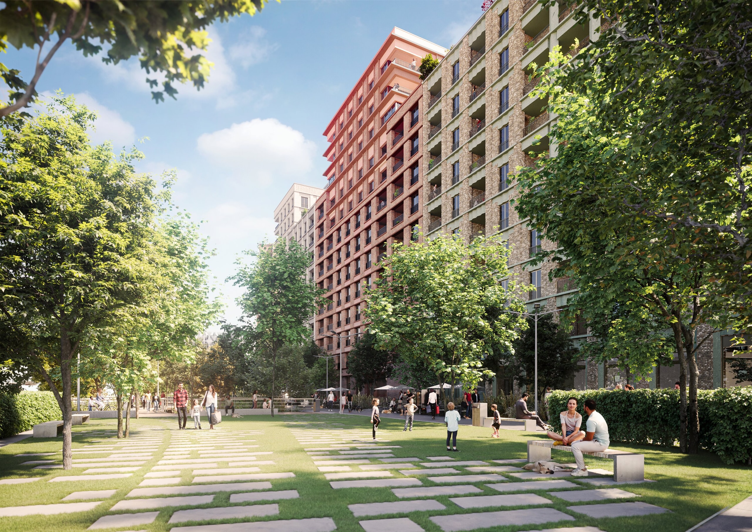 Red-brick residential buildings along a tree-lined park, with people crossing the lawn