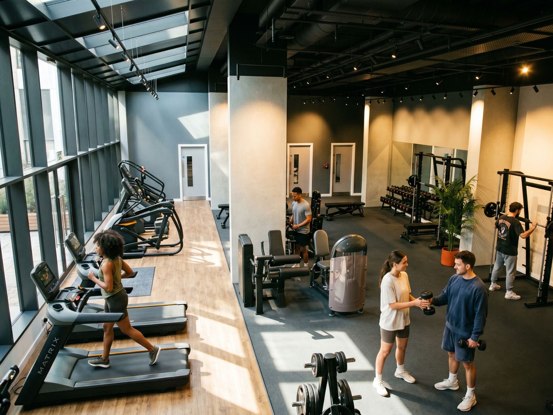 Residents' gym with treadmills along a glazed wall and a free-weights area