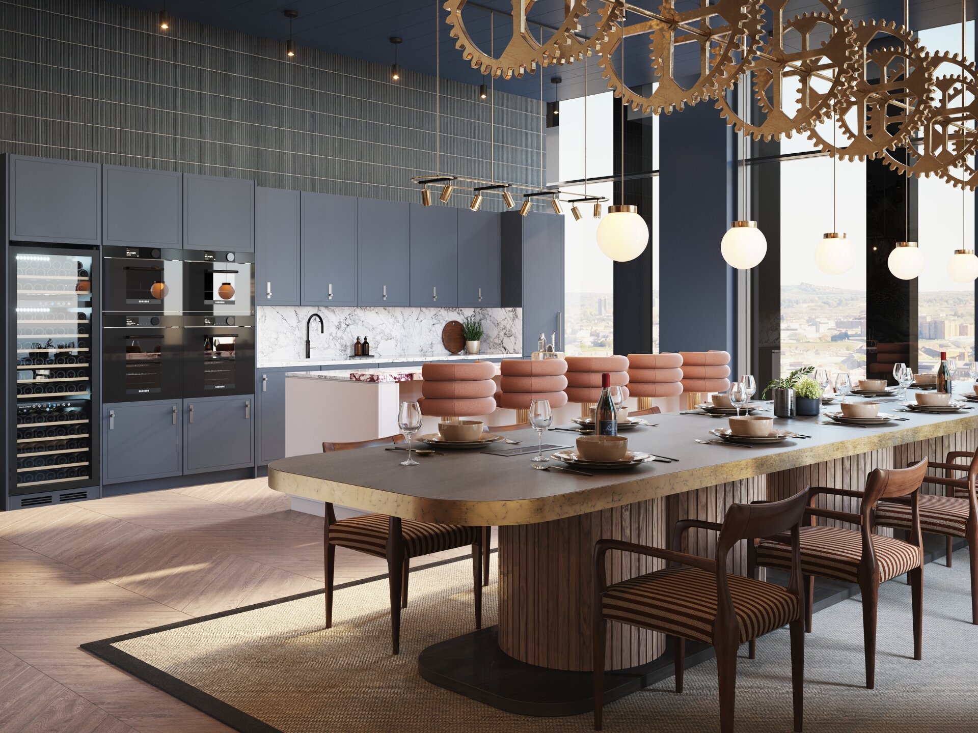 Private dining room with a long table, a full kitchen and views across the city